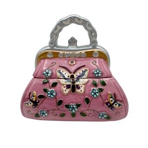 David's Cookies Pink Ceramic Butterfly & Floral Decorative Purse Cookie Jar 6x4"